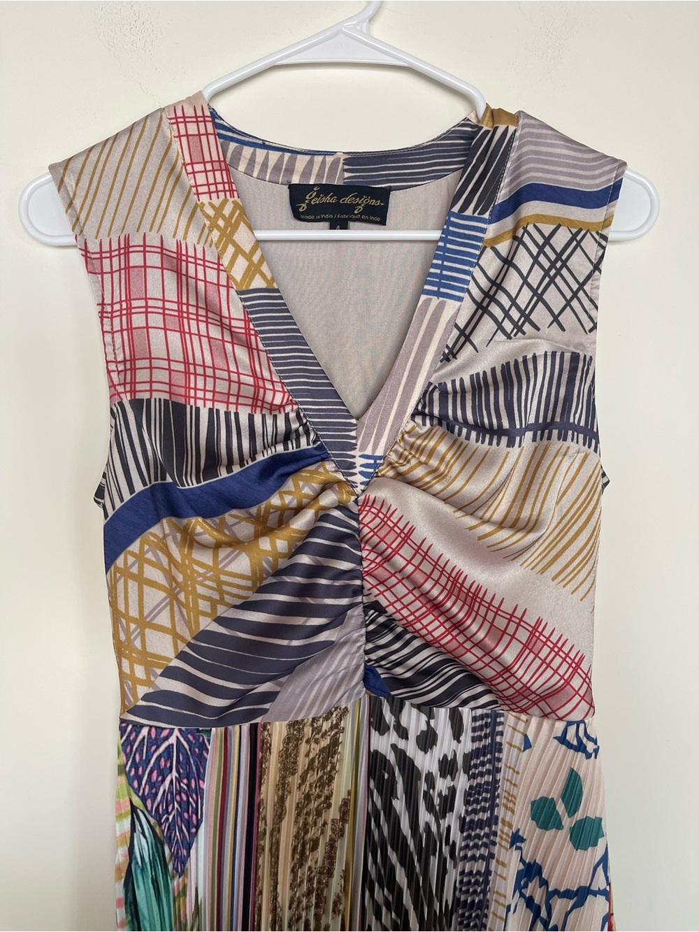 Anthropologie Geisha Designs Jacinta Pleated Satin Patchwork Print Midi Size 4 - Picture 5 of 11
